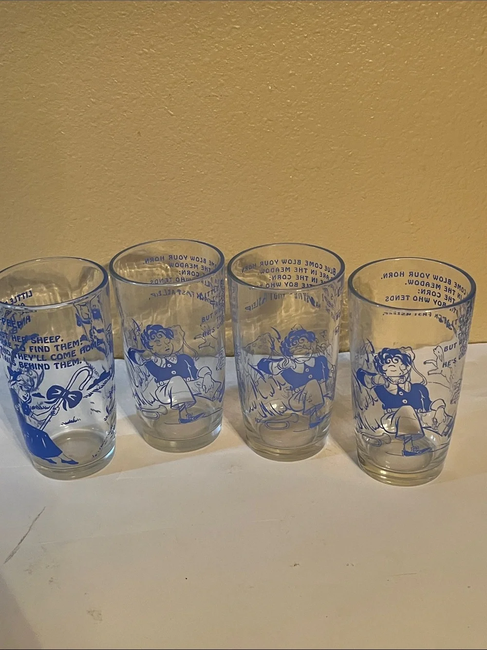 4 vintage Nursery rhymes glasses little Boy Blue Little Bo Peep